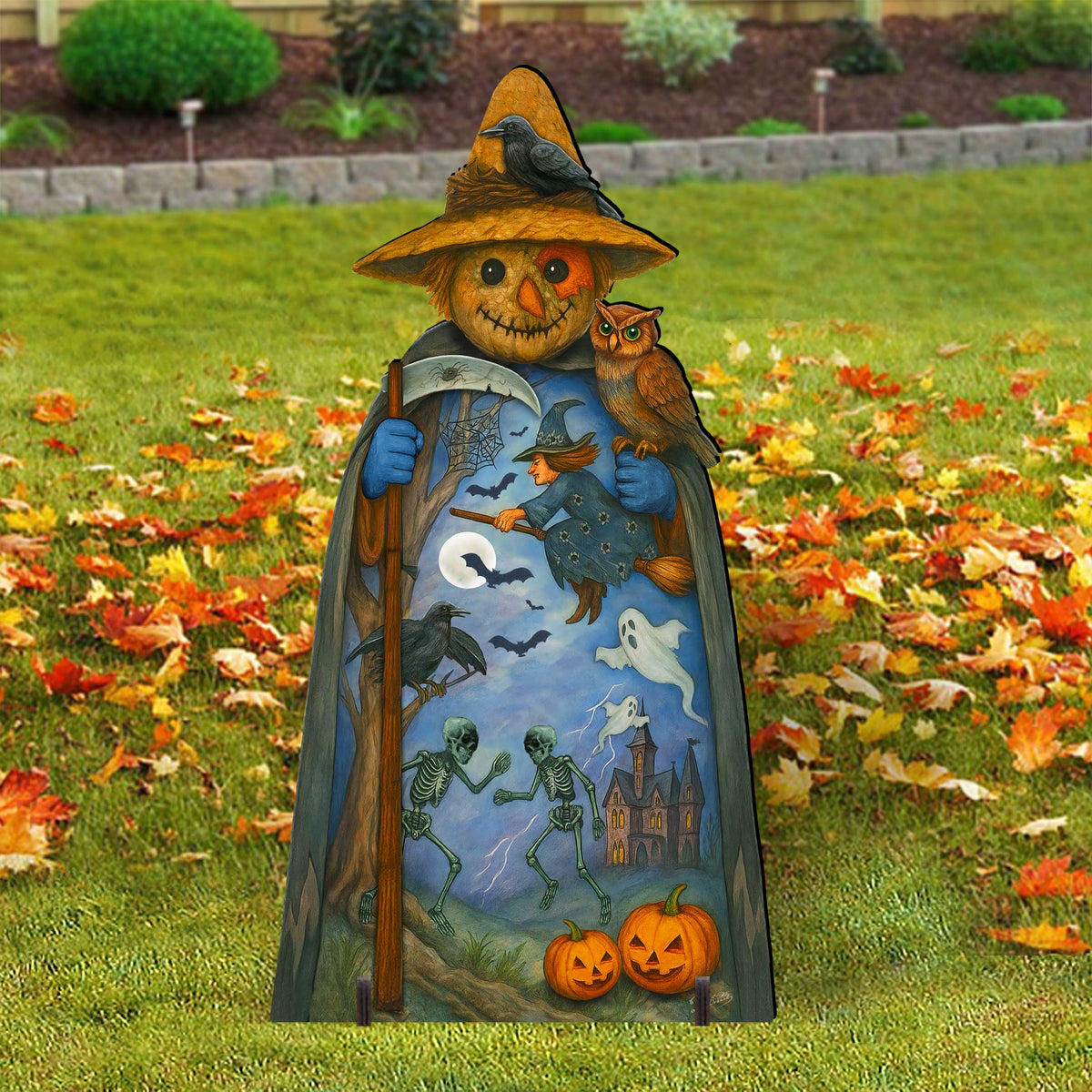 Halloween Scarecrow Freestanding Outdoor Décor – Handcrafted Wooden Yard Display by G. DeBrekht – 8652835F