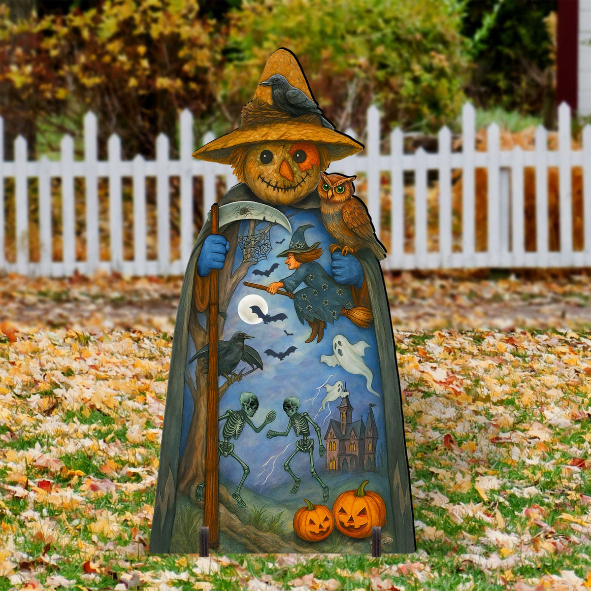 Halloween Scarecrow Freestanding Outdoor Décor – Handcrafted Wooden Yard Display by G. DeBrekht – 8652835F