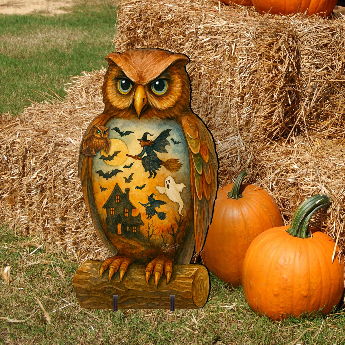 Halloween Owl Freestanding Outdoor Décor – Handcrafted Wooden Yard Display by G. DeBrekht – 8652836F