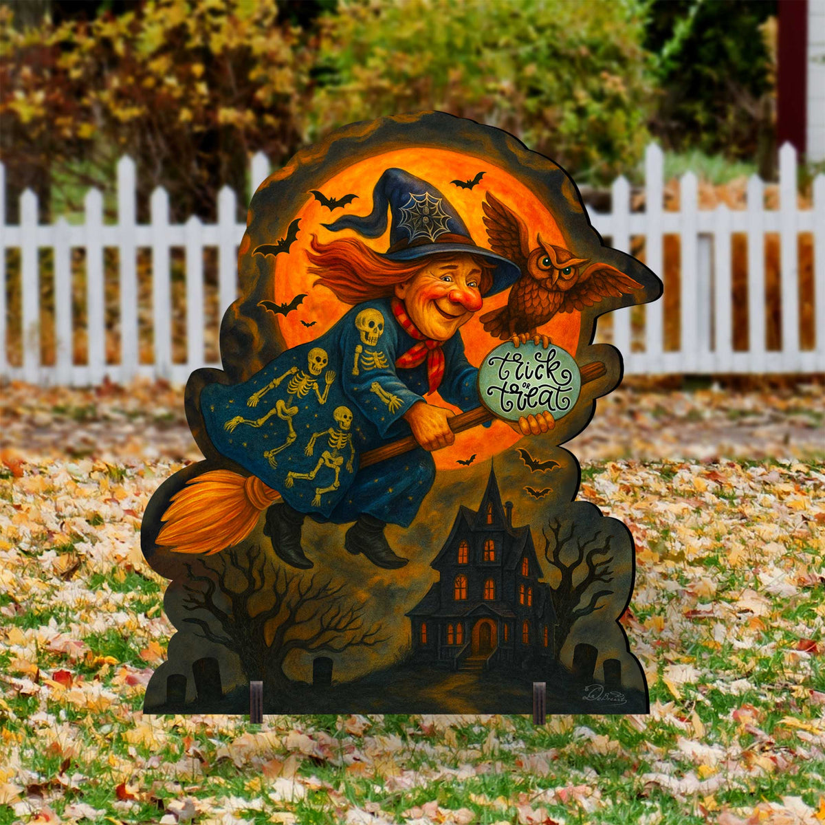 Halloween Flying Witch Freestanding Outdoor Décor – Handcrafted Wooden Yard Display by G. DeBrekht – 8652837F