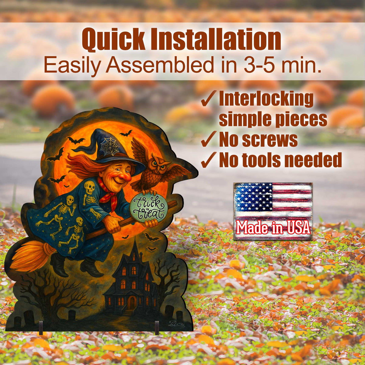 Halloween Flying Witch Freestanding Outdoor Décor – Handcrafted Wooden Yard Display by G. DeBrekht – 8652837F