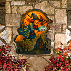 Halloween Flying Witch Door Hanger – Handcrafted Wooden Door Décor by G. DeBrekht – 8652837H