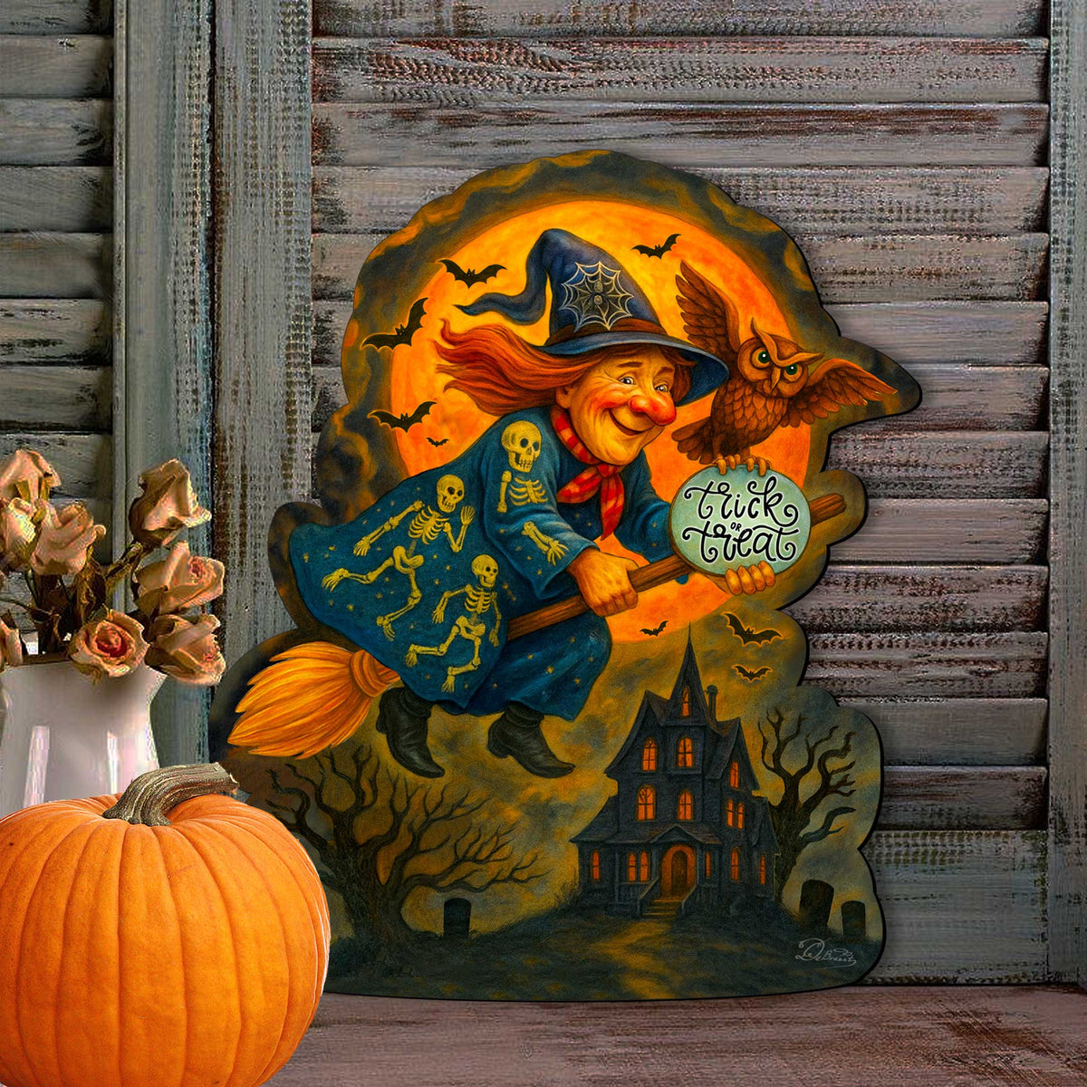 Halloween Flying Witch Door Hanger – Handcrafted Wooden Door Décor by G. DeBrekht – 8652837H
