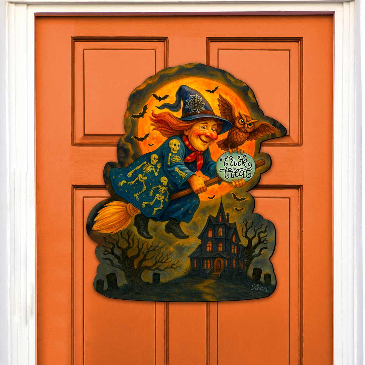 Halloween Flying Witch Door Hanger – Handcrafted Wooden Door Décor by G. DeBrekht