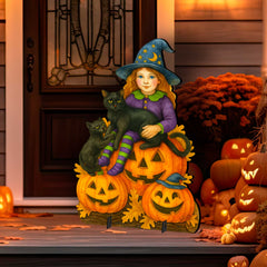 Halloween Witch with Black Cats Freestanding Outdoor Décor – Handcrafted Wooden Yard Display by G. DeBrekht – 8652838F