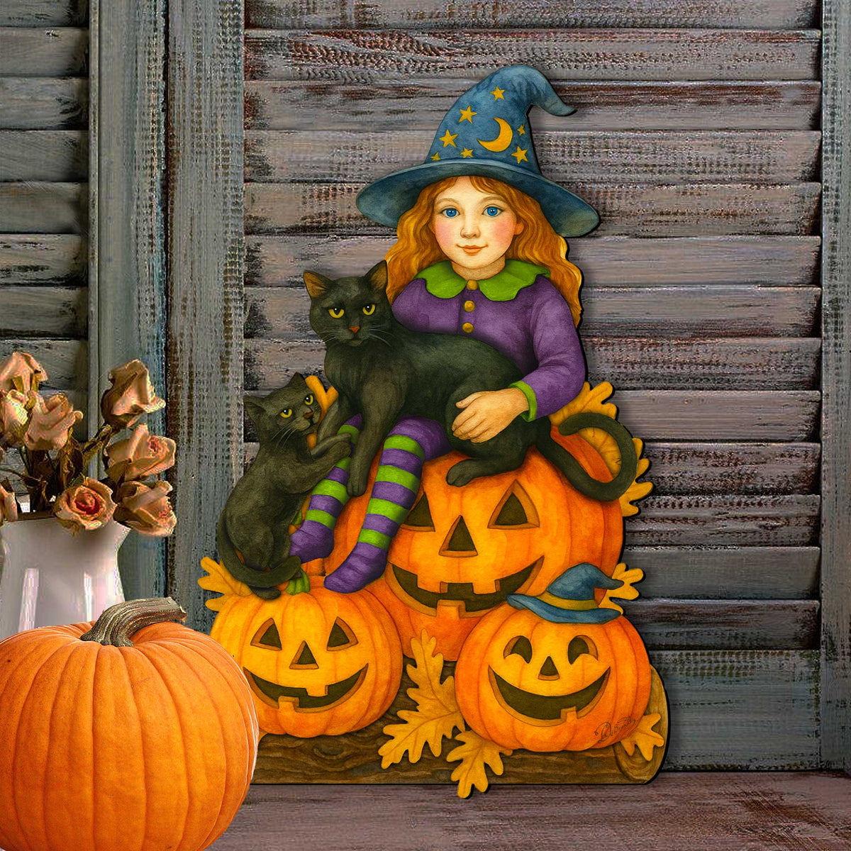 Halloween Witch with Black Cats Door Hanger – Handcrafted Wooden Door Décor by G. DeBrekht – 8652838H