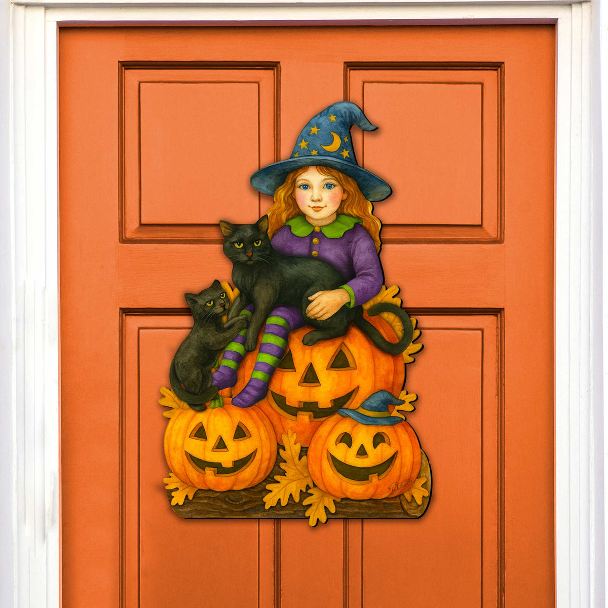 Halloween Witch with Black Cats Door Hanger – Handcrafted Wooden Door Décor by G. DeBrekht