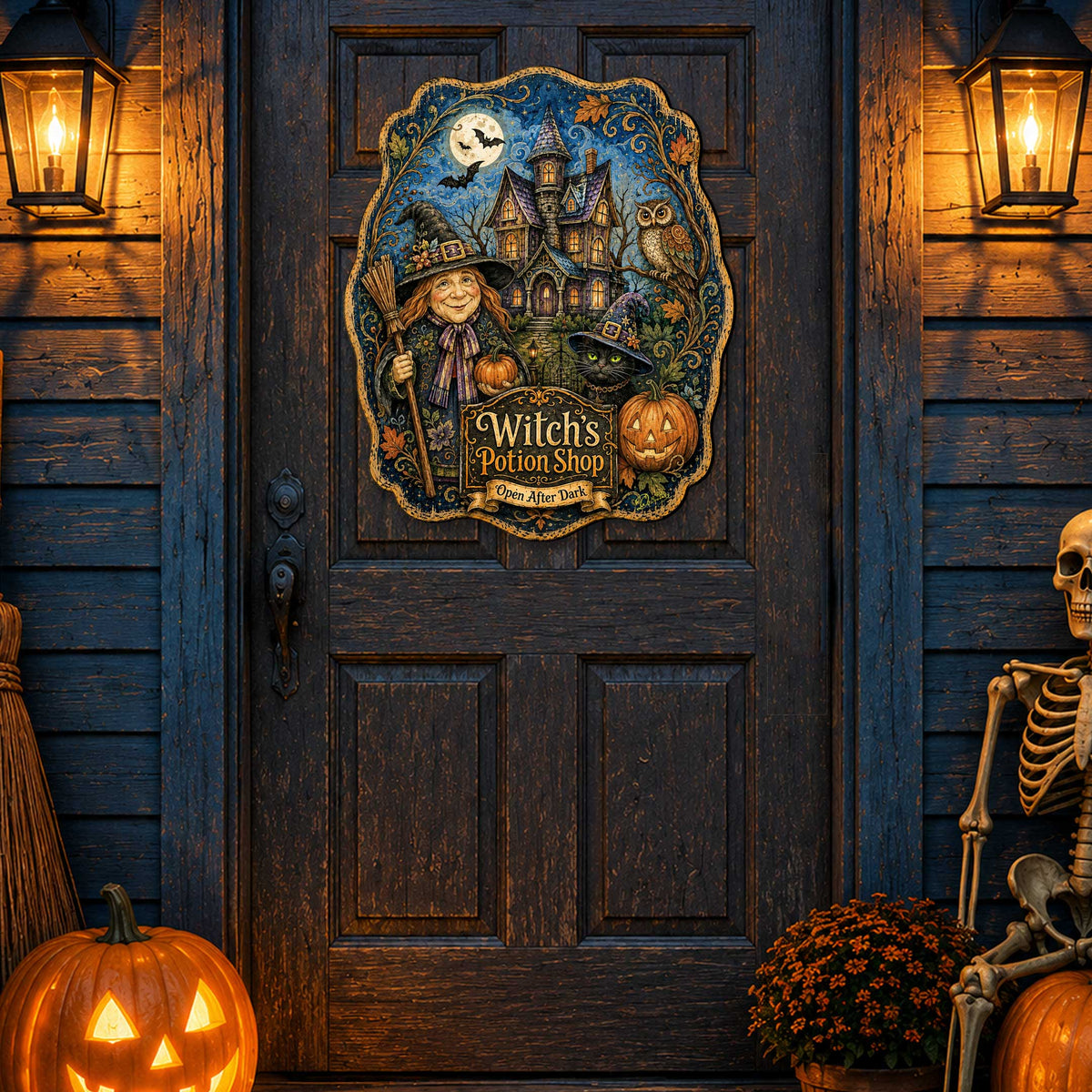 Witch’s Potion Shop Halloween Wooden Door Hanger – Handcrafted Wooden Fall Door Décor by G. Debrekht