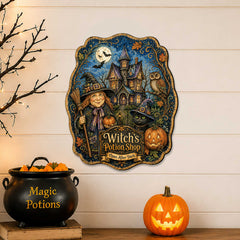 Witch’s Potion Shop Halloween Wooden Door Hanger – Handcrafted Wooden Fall Door Décor by G. Debrekht - 8652892