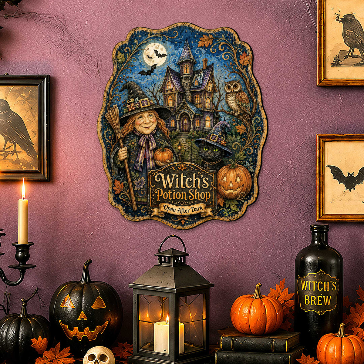 Witch’s Potion Shop Halloween Wooden Door Hanger – Handcrafted Wooden Fall Door Décor by G. Debrekht