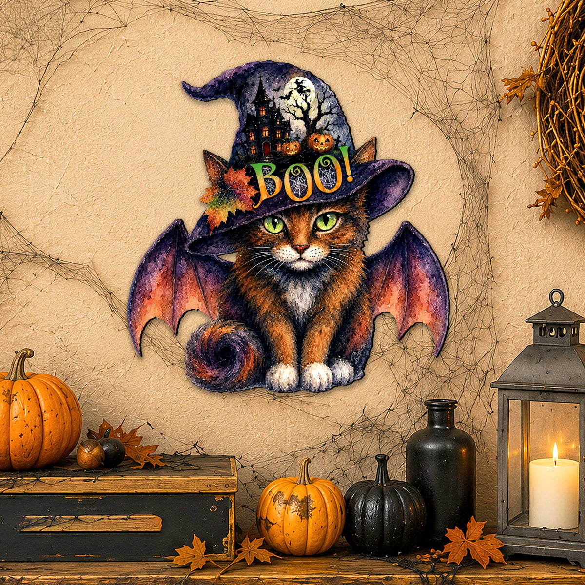 Boo Cat Halloween Wooden Door Hanger – Handcrafted Wooden Fall Door Décor by G. Debrekht