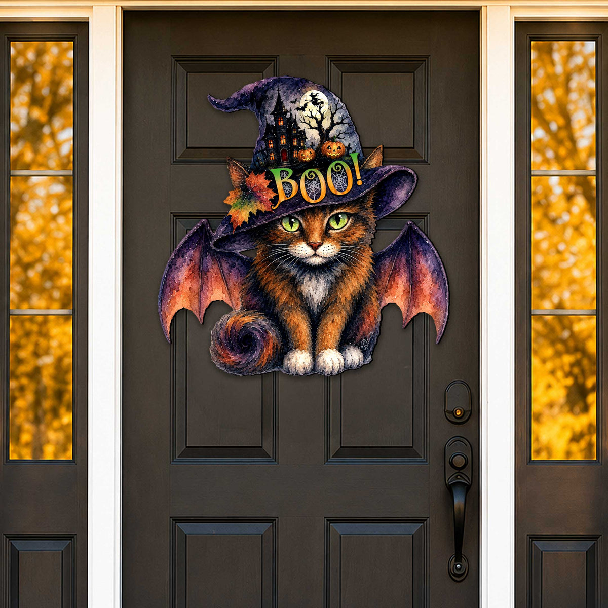 Boo Cat Halloween Wooden Door Hanger – Handcrafted Wooden Fall Door Décor by G. Debrekht