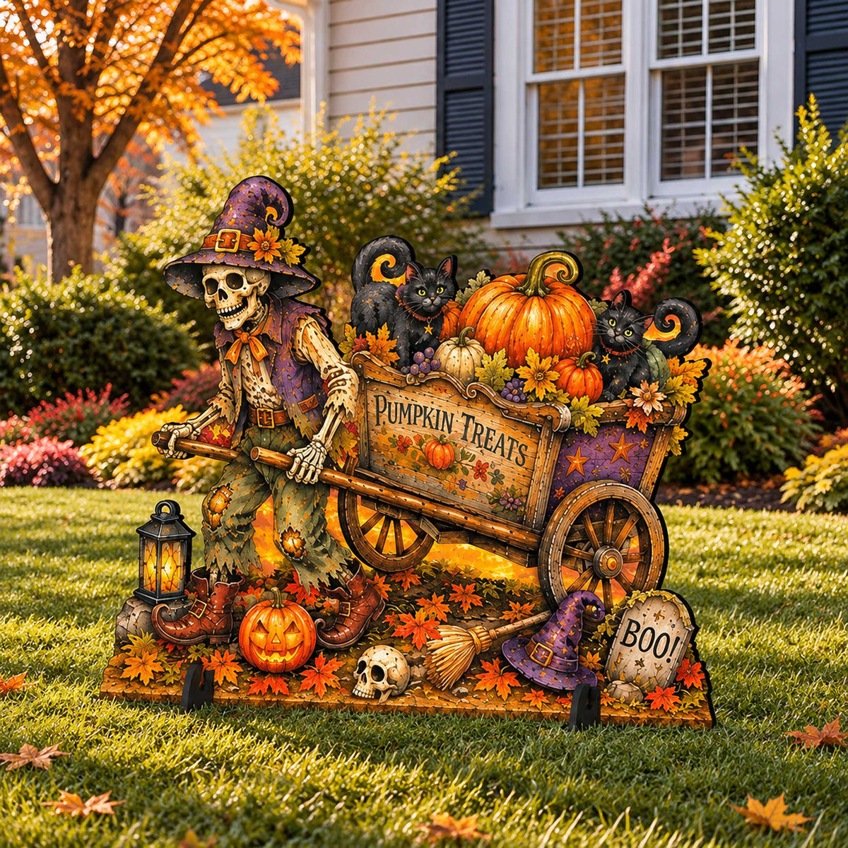 Pumpkin Treats Skeleton Cart Halloween Freestanding Outdoor Decoration by G. Debrekht