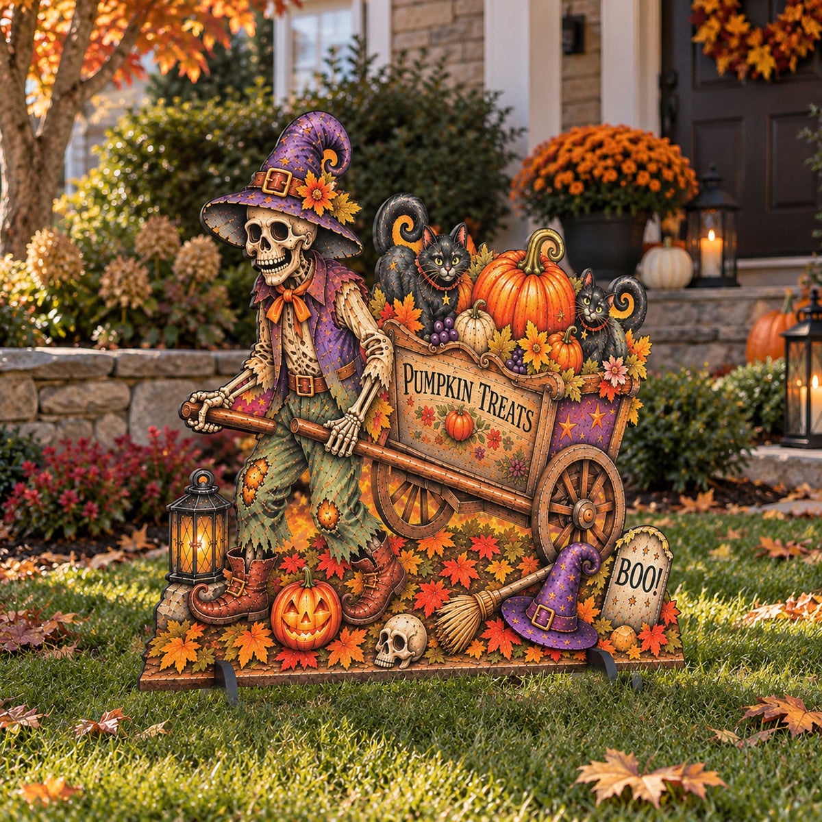 Pumpkin Treats Skeleton Cart Halloween Freestanding Outdoor Decoration by G. Debrekht