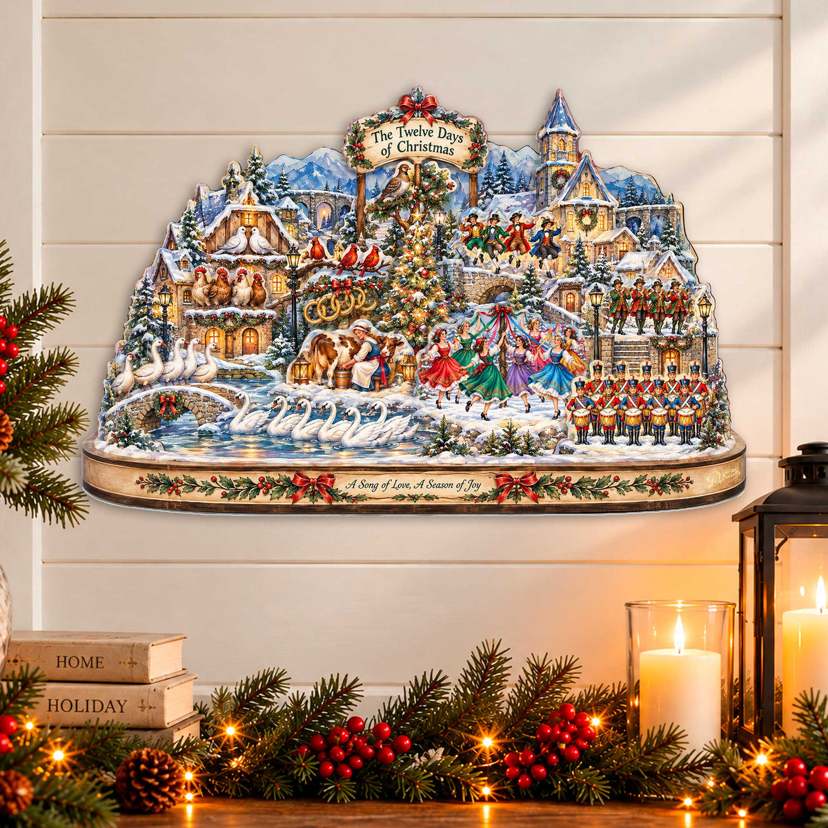 Twelve Days of Christmas Village Wooden Door Hanger – Holiday Wall Art by G. Debrekht