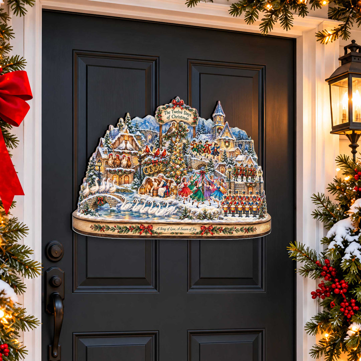 Twelve Days of Christmas Village Wooden Door Hanger – Holiday Wall Art by G. Debrekht