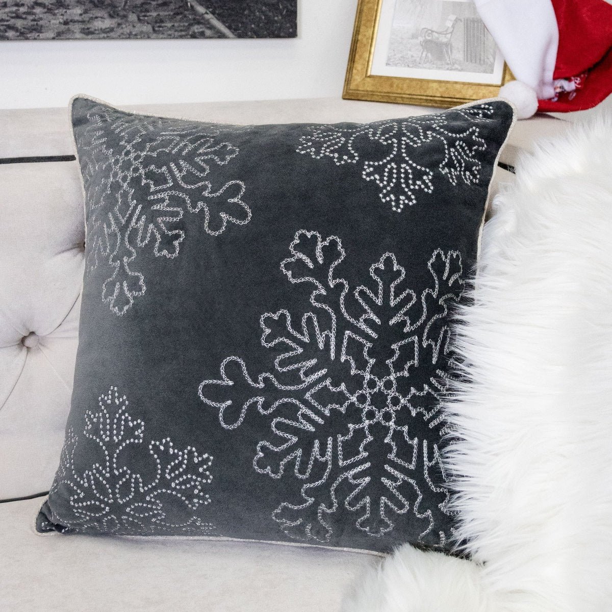 Gray Velvet Holiday Throw Pillow with Insert - Gray