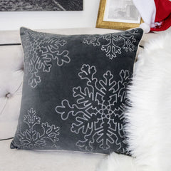 Gray Velvet Holiday Throw Pillow with Snowflake Embroidery - Gray