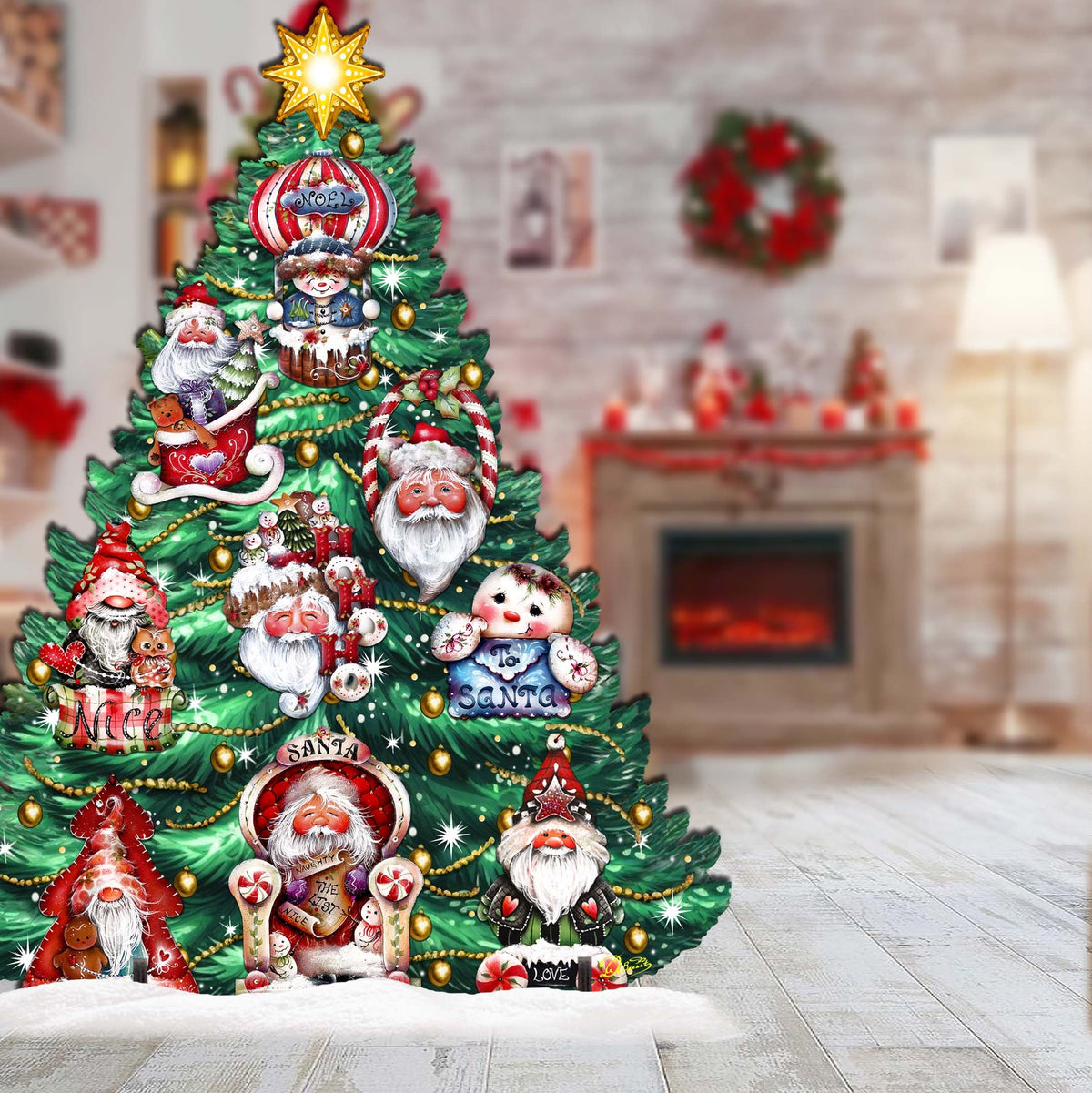 Santa-Themed Christmas Tree Outdoor Indoor Decor Wooden Christmas Decoration by Jamie Mills-Price Christmas Decor