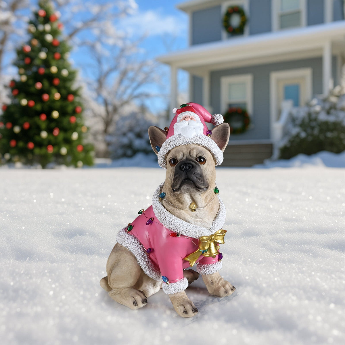 Christmas French Bulldog Statue with Pink Santa Outfit - Multi-Color
