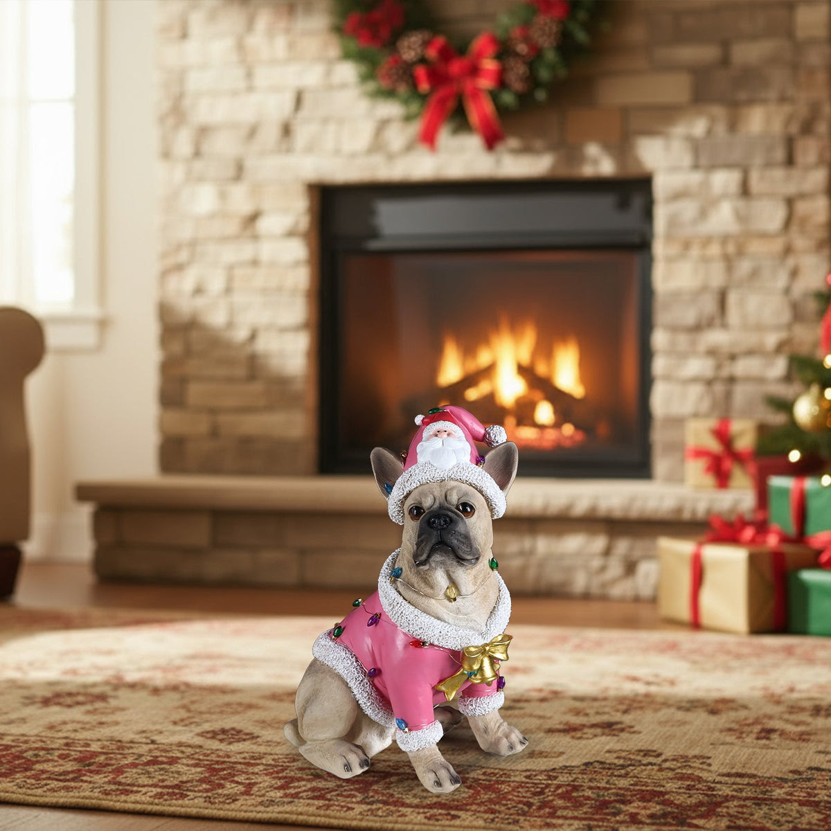 Christmas French Bulldog Statue with Pink Santa Outfit - Multi-Color