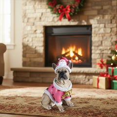 Christmas French Bulldog Statue with Pink Santa Outfit - Multi-Color