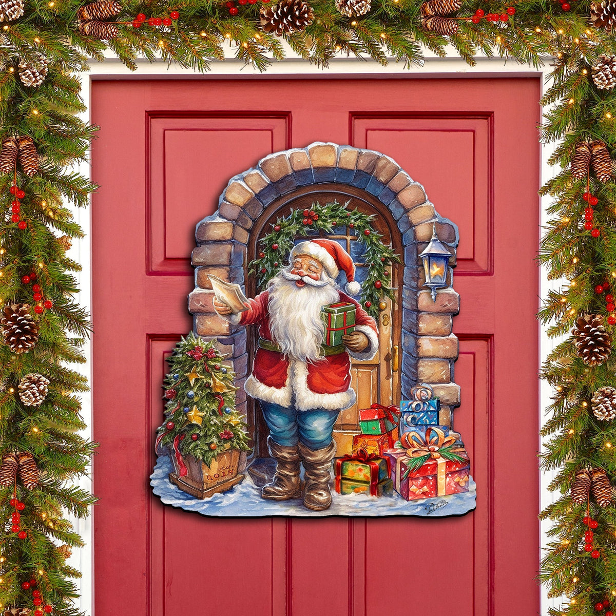 Santa's Surprise Visit Holiday Door Decor by G. Debrekht - Christmas Santa Snowman Decor