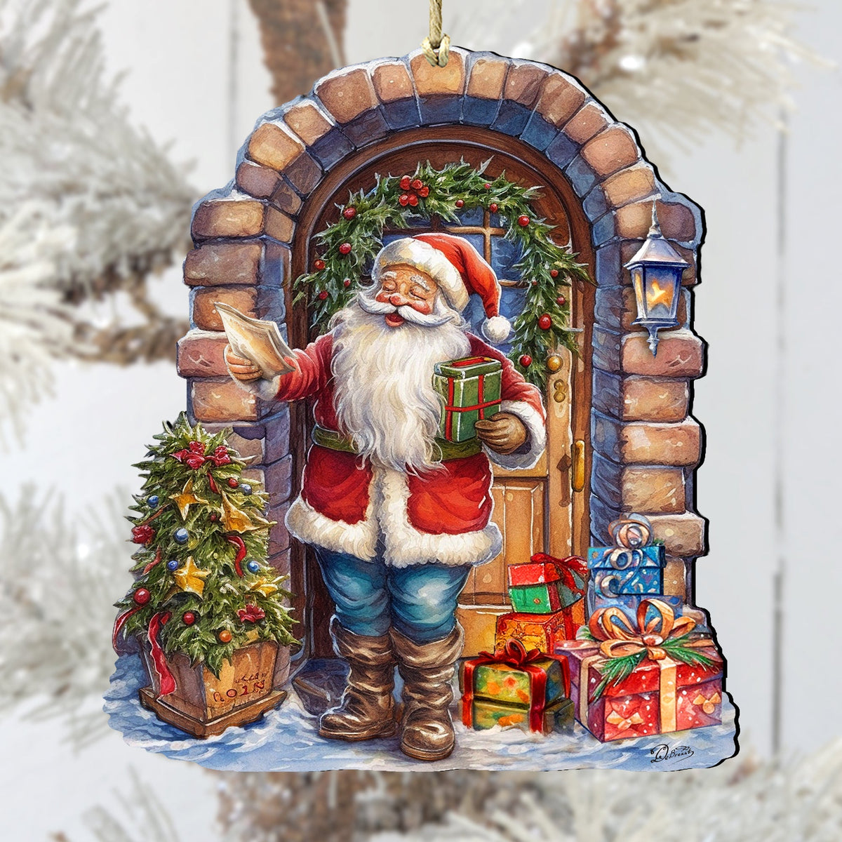 Santa's Surprise Visit Holiday Wooden Ornaments by G. Debrekht Christmas Santa Snowman Decor