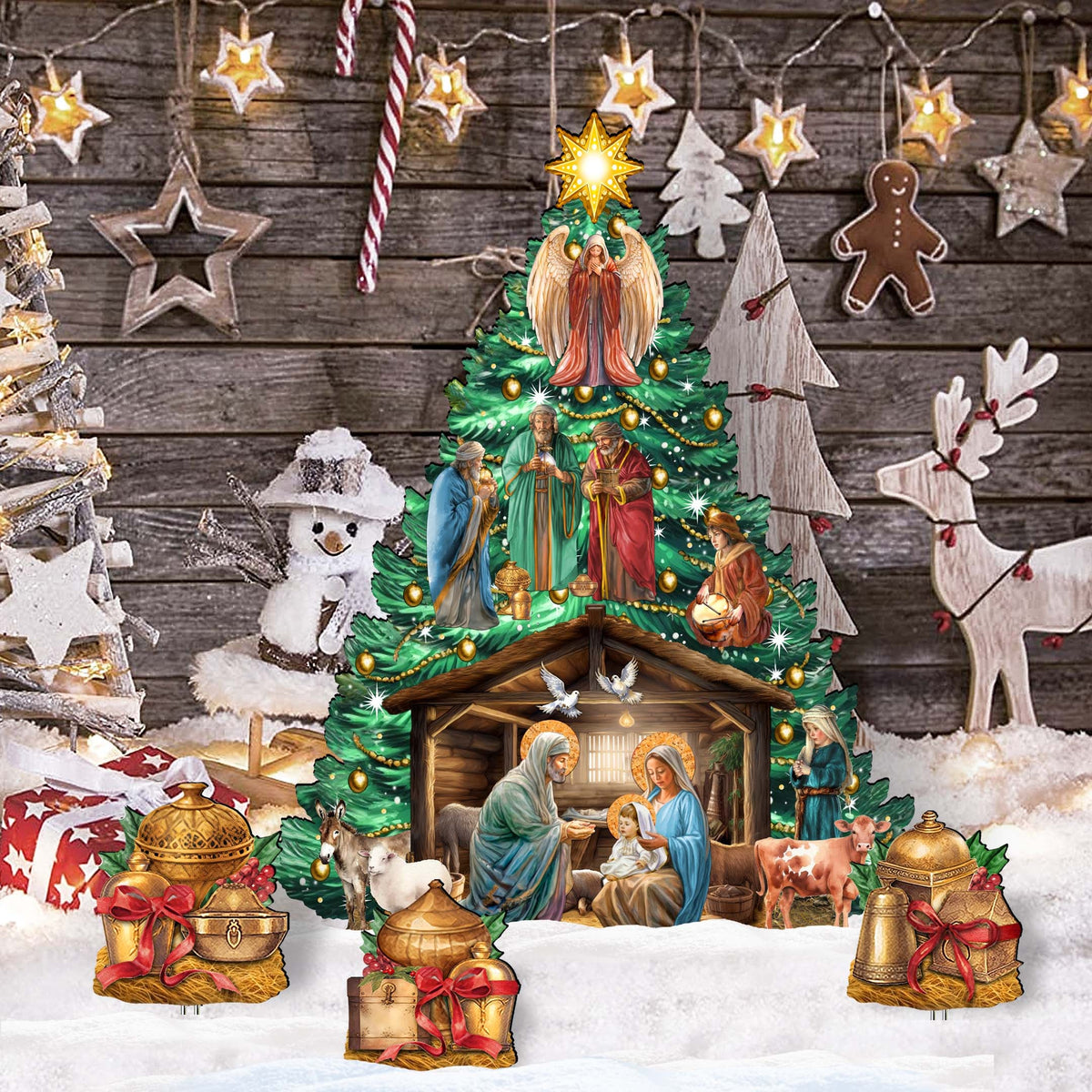 Nativity-Themed Christmas Tree Set Outdoor Indoor Décor Wooden Christmas Decoration by G. Debrekht Christmas Décor