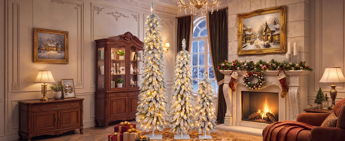 Snow Flocked Pre-Lit Pencil Christmas Tree with Warm LED Lights - White