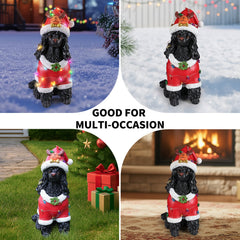 Festive Black Poodle Christmas Statue with Santa Outfit - Black+Red