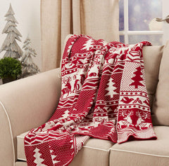 Fennco Styles Reversible Christmas Design Knitted Throw Blanket 50" W x 60" L – Red Blanket for Bed, Couch, Sofa, Home Décor, Ideas