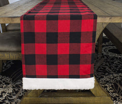 Fennco Styles Holiday Buffalo Plaid Red and Black with White Faux Fur Border Design Table Runner 16" W x 72" L