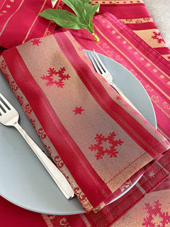 Fennco Styles Holiday Metallic Snowflake Printed Tablecloth 70" W x 70" L - Red Woven Table Cover for Home Décor, Banquet, Family Gathering, Christmas, Special Occasion (20"X20" Napkin, Set of 4)