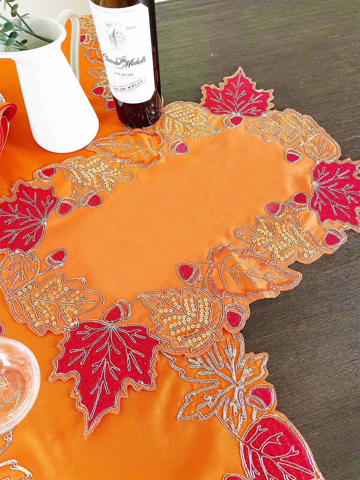Fennco Styles Embroidered Sequin Autumn Leaves Table Runner 16" W X 33" L - Terracotta Harvest Foliage Table Cover for Thanksgiving, Holiday, Banquets, Special Occasion