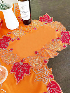Fennco Styles Embroidered Sequin Autumn Leaves Table Runner 16" W X 33" L - Terracotta Harvest Foliage Table Cover for Thanksgiving, Holiday, Banquets, Special Occasion