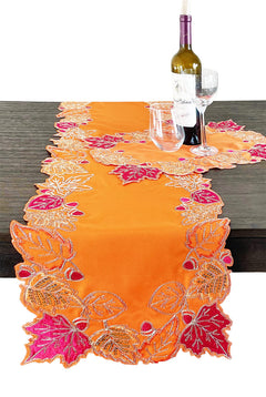 Fennco Styles Embroidered Sequin Autumn Leaves Table Runner 16" W X 33" L - Terracotta Harvest Foliage Table Cover for Thanksgiving, Holiday, Banquets, Special Occasion