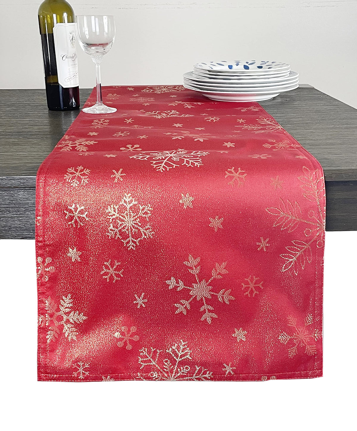 Fennco Styles Holiday Foil Print Snowflake Table Runner 16" W x 54" L - Red Woven Table Cover for Home Décor, Banquet, Family Gathering, Christmas, Special Occasion