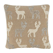 Fennco Styles Hand Beaded & Embroidered Reindeer Cotton Decorative Throw Pillow 18" W x 18" L – Natural Holiday Cushion for Home, Couch, Sofa, Bedroom, Office, Christmas Décor and Special Occasion