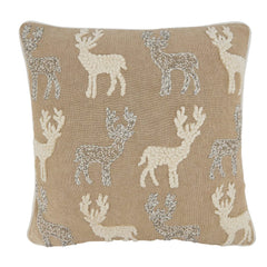 Fennco Styles Hand Beaded & Embroidered Reindeer Cotton Decorative Throw Pillow 18" W x 18" L – Natural Holiday Cushion for Home, Couch, Sofa, Bedroom, Office, Christmas Décor and Special Occasion
