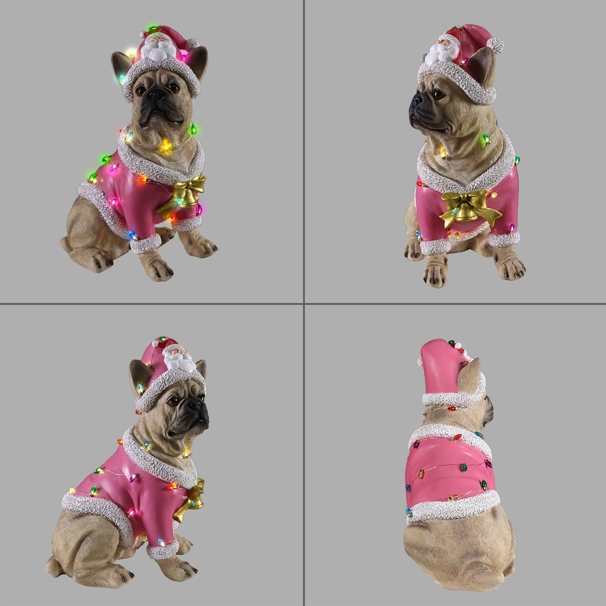 Christmas French Bulldog Statue with Pink Santa Outfit - Multi-Color