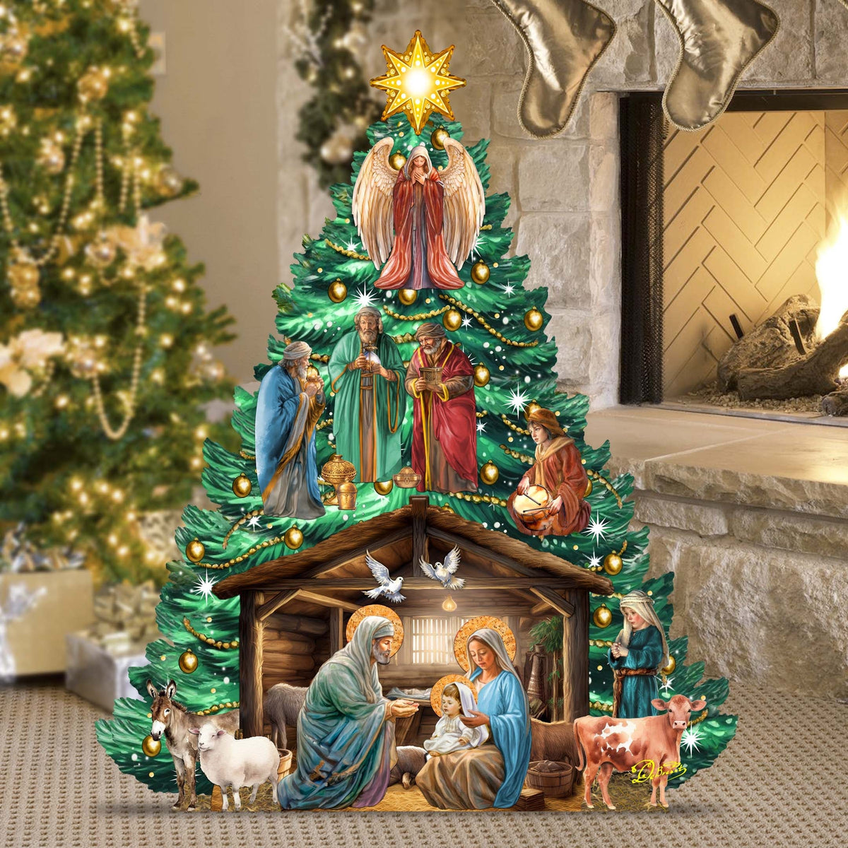 Nativity-Themed Christmas Tree Outdoor Indoor Decor Wooden Christmas Decoration by G. Debrekht Christmas Decor