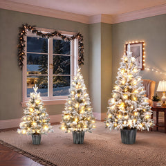 3-Piece Flocked Pre-Lit Christmas Tree Set with Warm White LED Lights - Flocked Finish