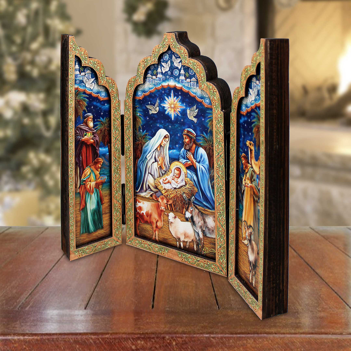 Christmas Story Wooden Tabletop Triptych - Nativity Holiday Decor - Limited Edition Centerpiece Figurine by G. Debrekht