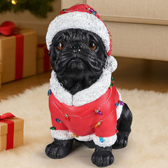 Christmas Pug Statue with Detailed Santa Outfit - Red