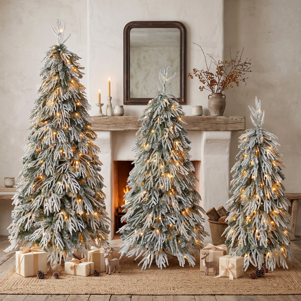 Snowy Cascading Christmas Trees 3-Piece Set with Flocked Hinged Branches - White