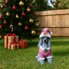 Christmas Poodle Statue with Festive Santa Outfit - Multicolor