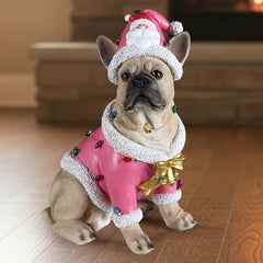 Christmas French Bulldog Statue with Pink Santa Outfit - Multi-Color