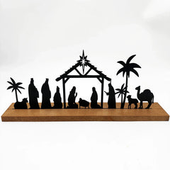 1pc Black Metal Nativity Scene with Wooden Base People Nativity Set Decorations for Christmas Xmas Table Ornaments