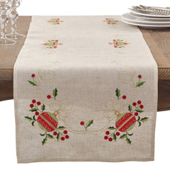 Fennco Styles Embroidered Ornament Design Christmas Holiday Linen Blend Tablecloth